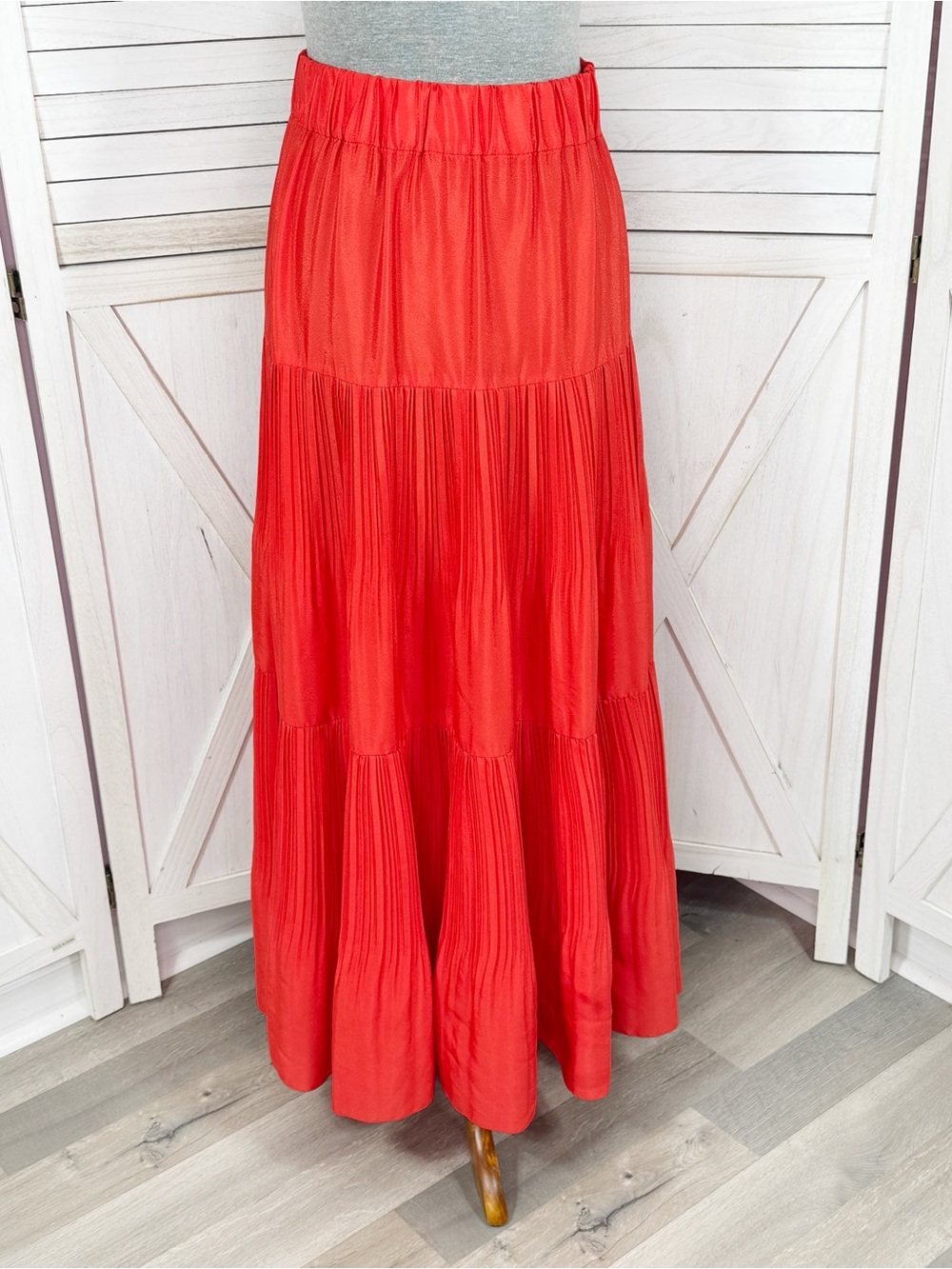 Outback Red Tiered Pleated Maxi Skirt Coral Orange Red XS Flowy Boho Tomato Girl